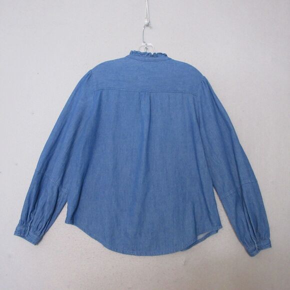 Old Navy Top Women Large Tall Blue Chambray Cotton Button Up Ruffle‎ Collar - Picture 10 of 12